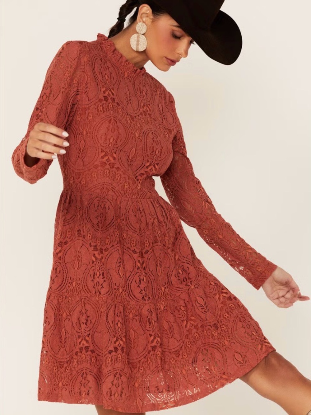 100% Cotton Molly Bracken Lace Long-Sleeve Mini Dress in Rust